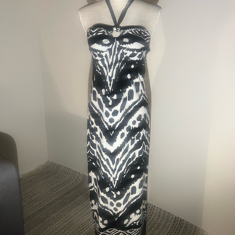 Saint Tropez West Black and White Halter Maxi Dress with Abstract Print